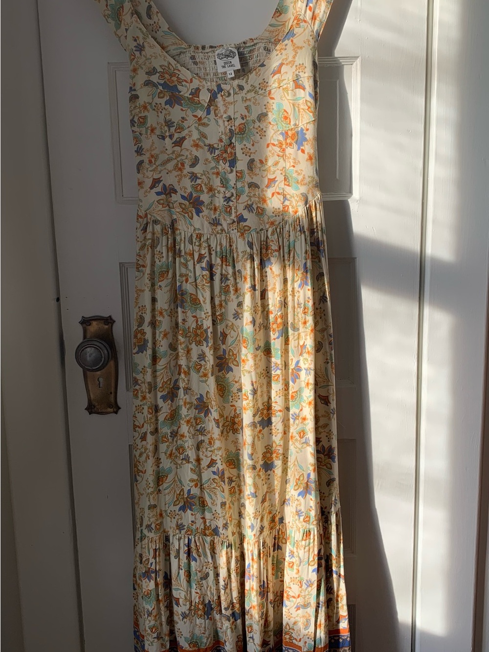 Vintage Floral Maxi Dress in Cream, Blue and Orange